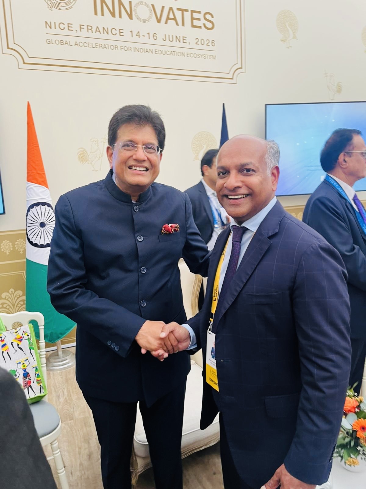 Shri Piyush Goyal greeting an FSFI representative at Bharat Innovates in Nice