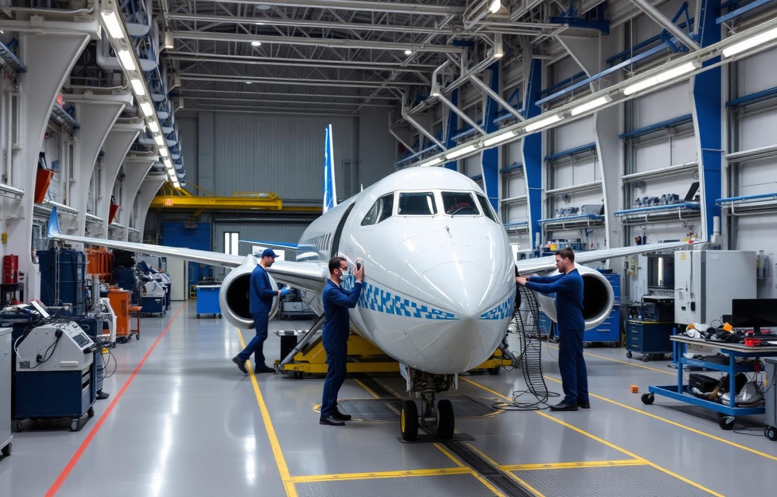 Aircraft assembly line with engineers in a modern aerospace facility