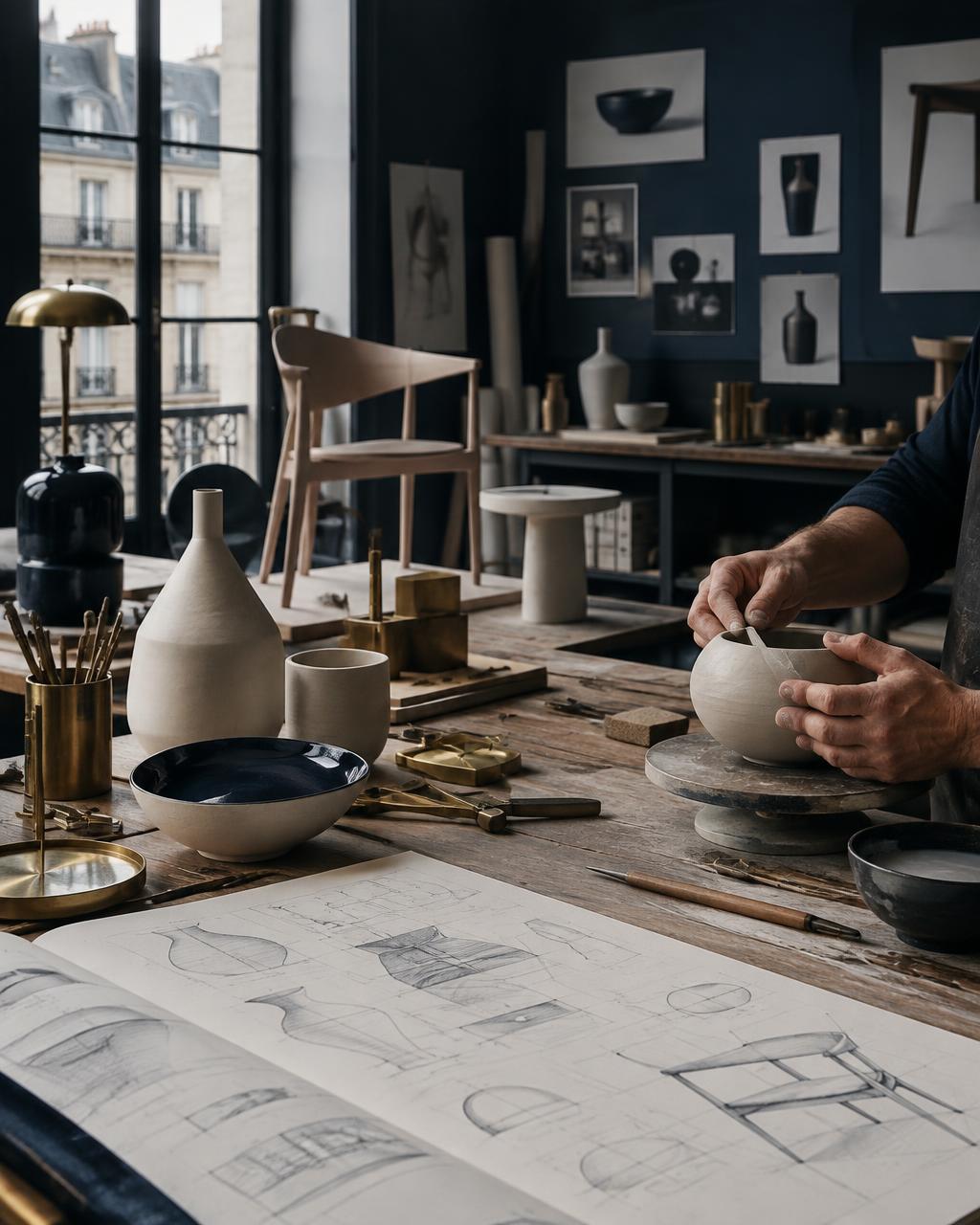 French design atelier with ceramics, tools and technical drawings