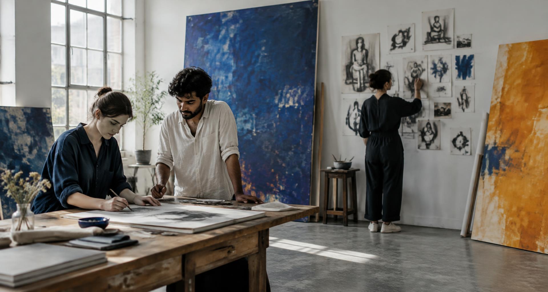 Artists from France and India collaborating in a shared studio