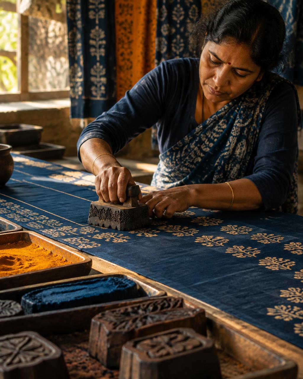 Indian artisan block-printing patterns onto indigo fabric